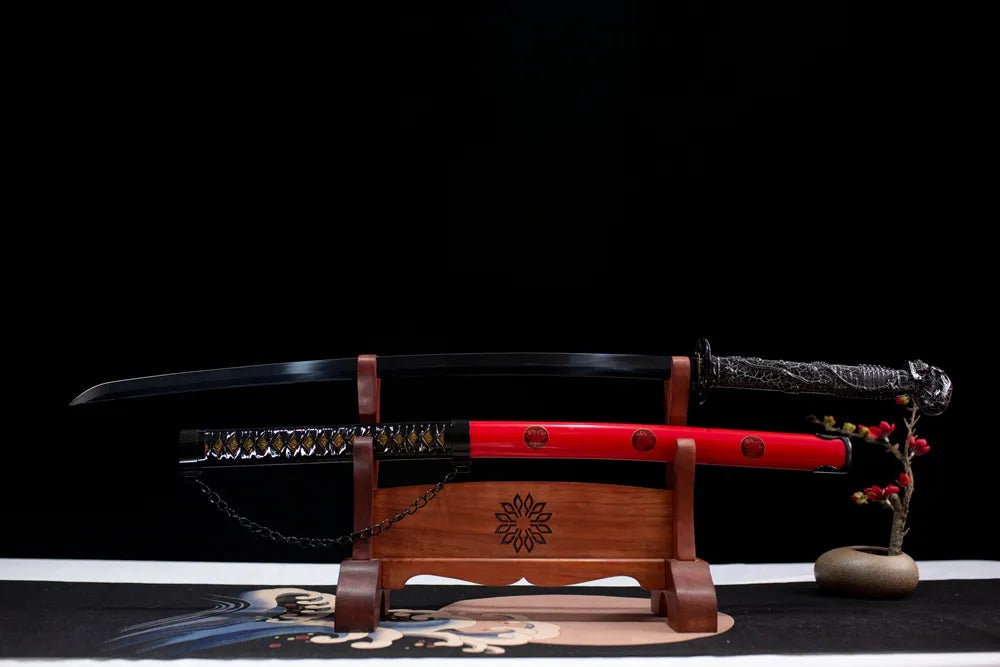 Flat fully‑drawn blued‑steel Skeleton‑Demon‑King‑Katana blade wooden rack front shot