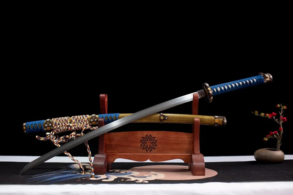 Slanted upright drawn Tachi‑Fukushima‑Masanori daimyo‑theme tachi wooden shelf front perspective