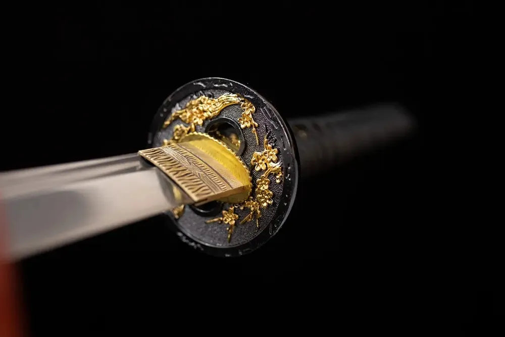 Front open‑work peony‑branch‑blossom‑relief gilded‑zinc‑alloy katana hand‑guard close‑up