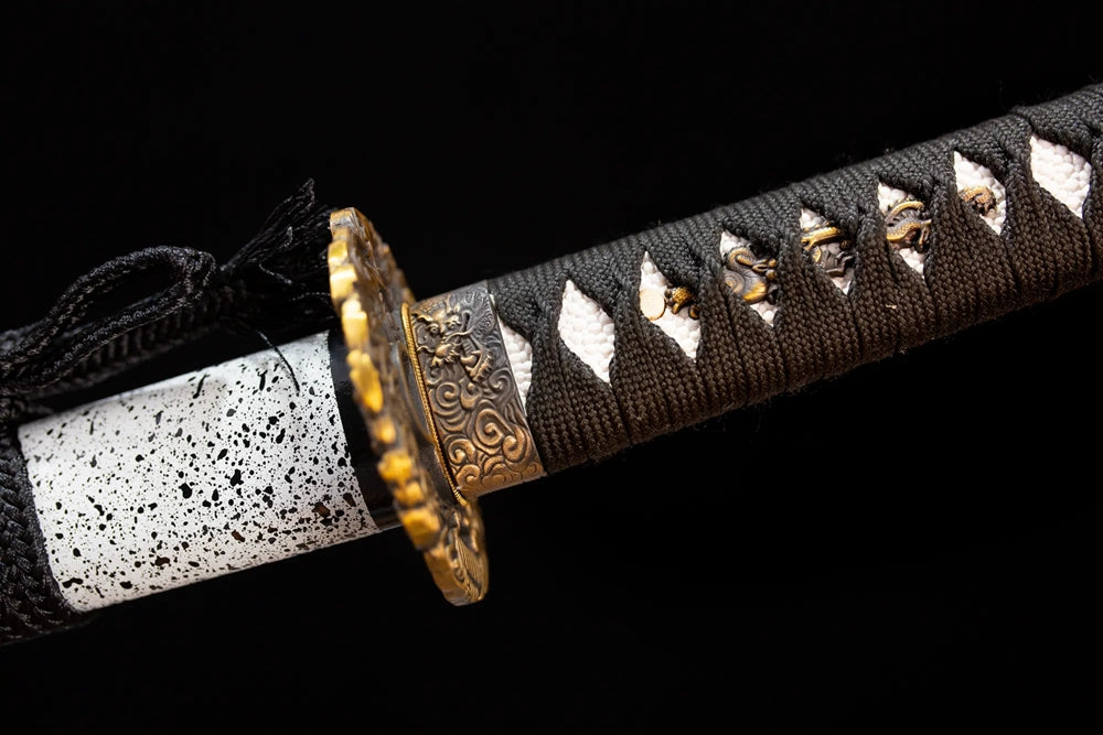 Lurking‑dragon‑cloud‑silhouette‑relief antique‑gilt‑bronze fuchi grip‑ring macro close‑up