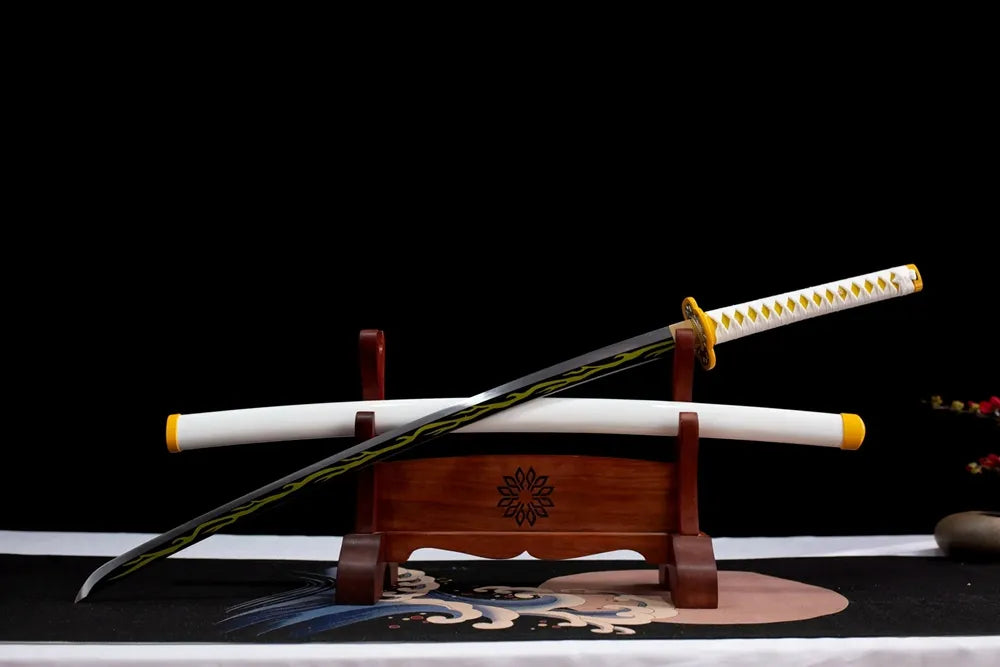 Slanted upright drawn Demon‑Slayer Zenitsu nichirin sword wooden shelf front perspective