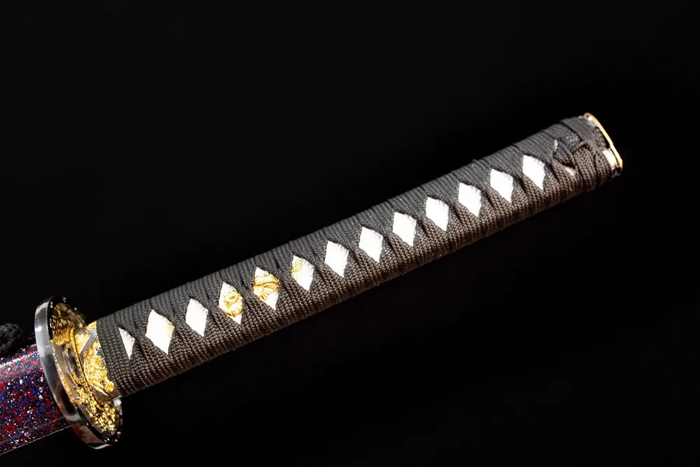 Full black woven cotton ito tsuka gilded‑alloy plum‑blossom‑scroll‑relief fittings complete front shot‑long katana