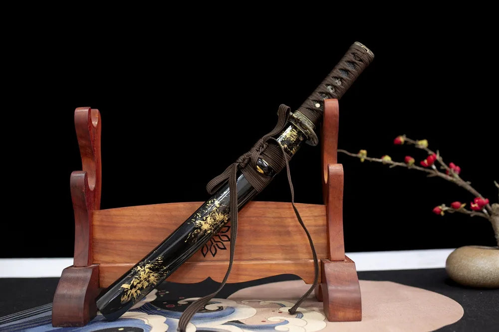 45° front fully sheathed Jin‑Wu‑Wei‑Wakizashi warrior‑dragon wakizashi placed on carved wooden sword display stand