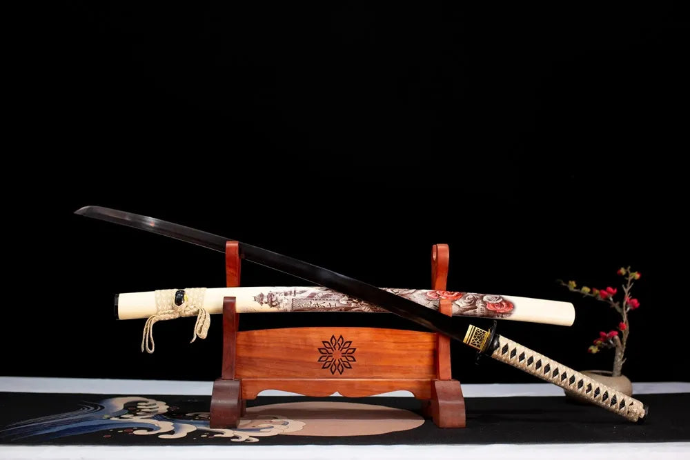 45‑angle open full‑size Dragon‑Warrior‑Katana dragon‑warrior samurai combat‑motif samurai katana two‑layer wooden stand front view