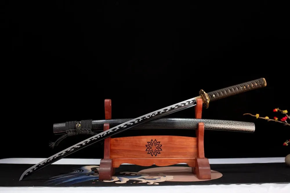 Slanted upright drawn Hell‑Katana hell‑nether‑doom‑art katana wooden shelf front perspective