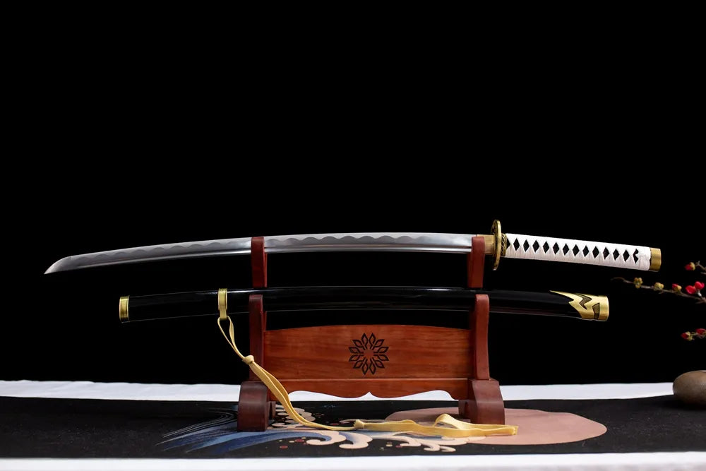 Flat fully‑drawn polished silver T10 notare wave Yamato blade wood rack
