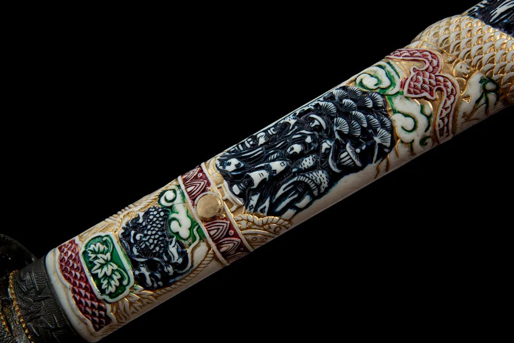 Middle handle front view pine tree & carp colored relief carving