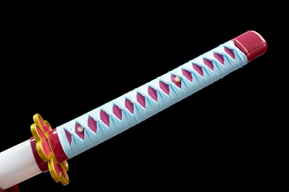 Full light‑blue‑pink woven tsuka golden sakura‑flower alloy fittings complete front shot