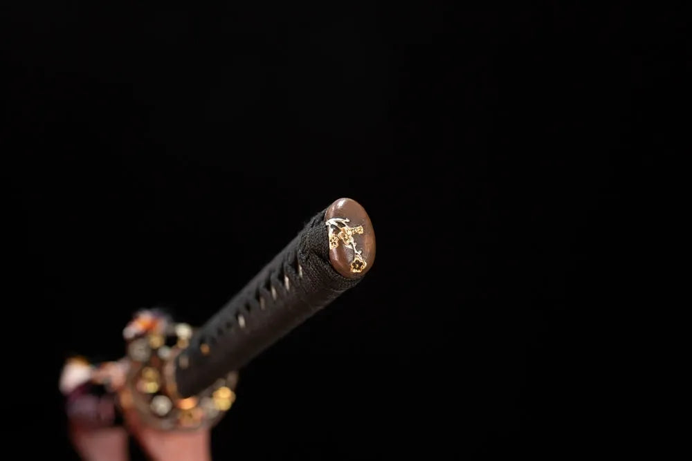 3D‑sculpted spring‑cherry‑blossom two‑tone aged‑copper pommel‑cap detail shot