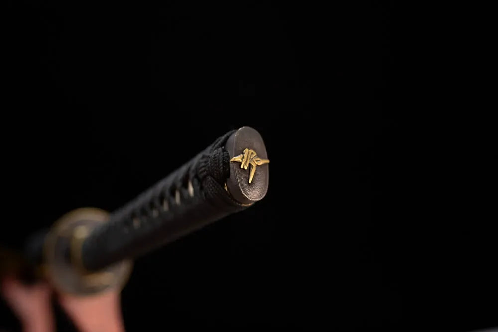 3D‑sculpted origami‑paper‑crane‑blessing copper‑brass pommel‑cap detail shot