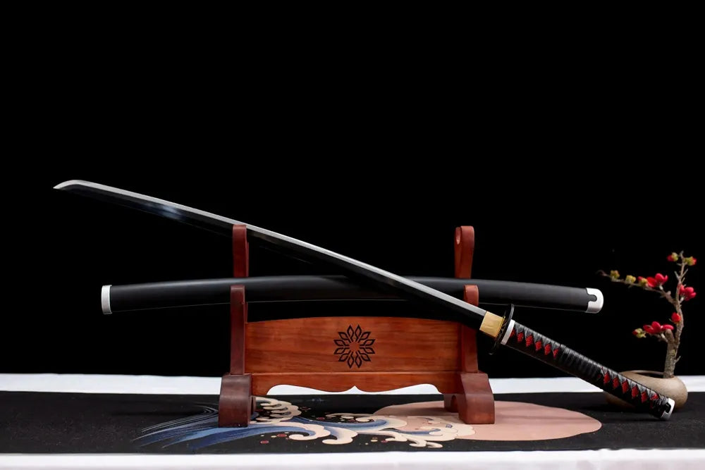 45‑degree angle drawn Tanjirou katana placed on two‑layer wooden stand front perspective