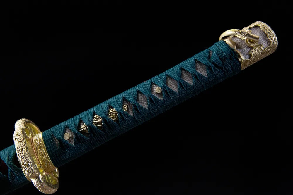 Full long dark green samekawa tsuka front view carved gilded floral brass fuchi kashira