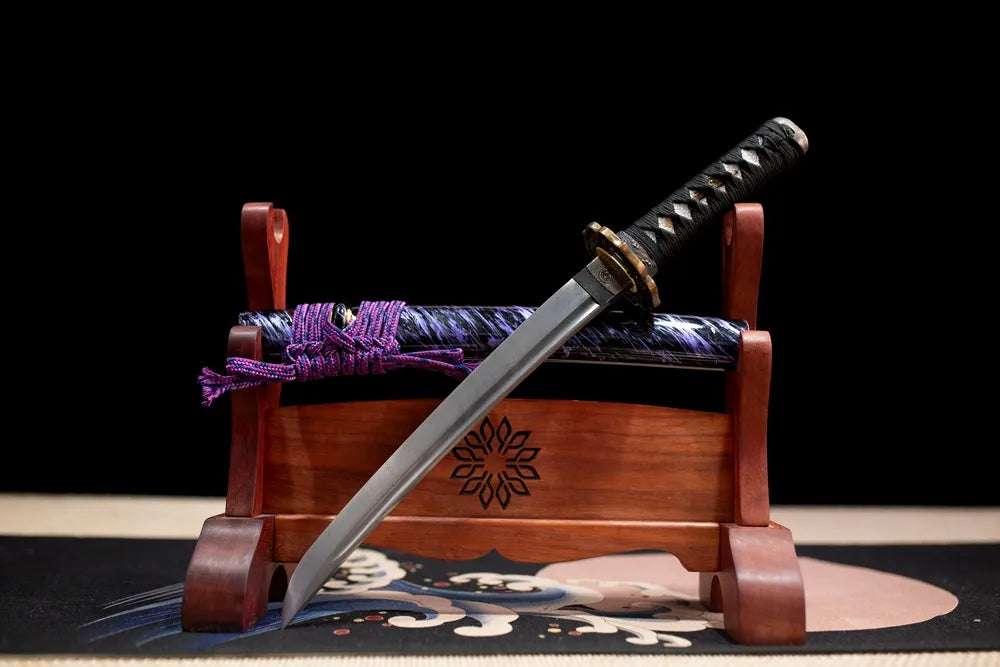 Slanted upright drawn Purple‑Python‑Wakizashi python‑theme wakizashi wooden shelf front perspective