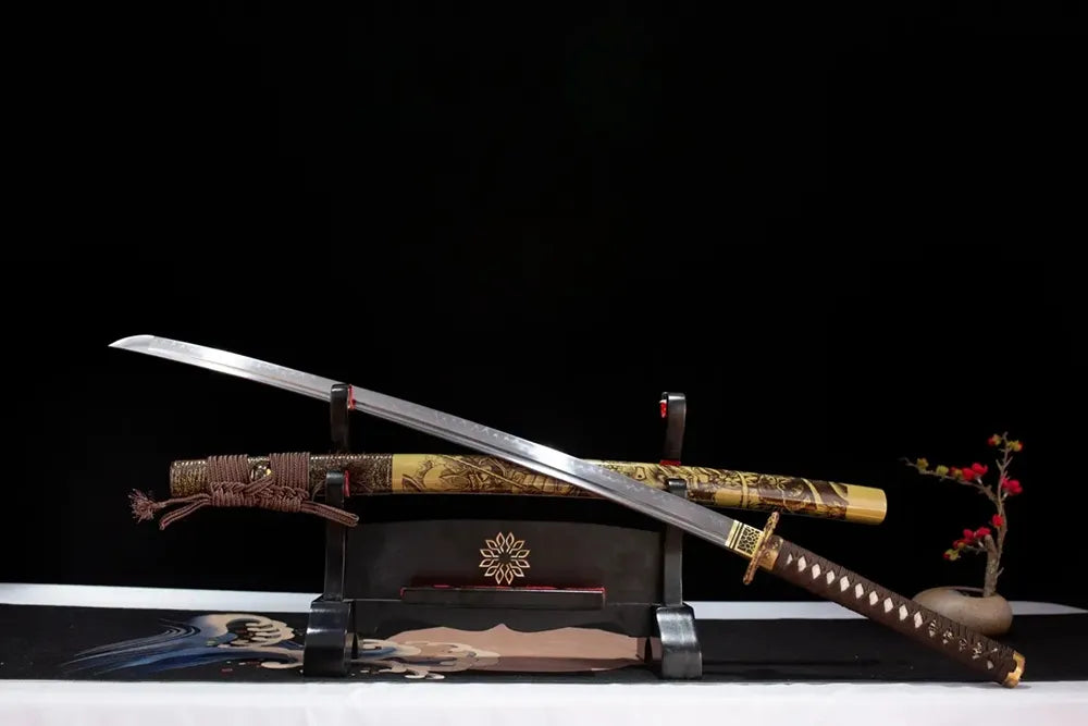 45‑angle open full‑size Ghost‑Warrior‑Katana ghost‑warrior specter‑samurai‑ethereal‑wraith‑motif samurai katana two‑layer wooden stand front view