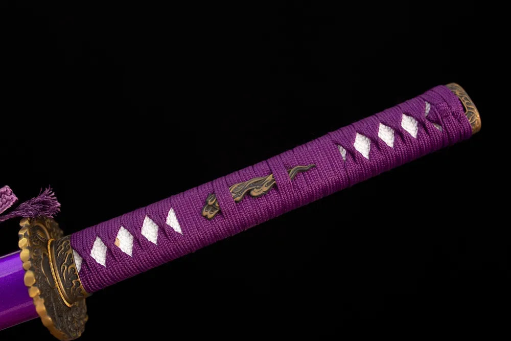 Full deep‑purple woven ito tsuka aged‑copper purple‑cloud‑aura‑scroll‑relief fittings complete front shot
