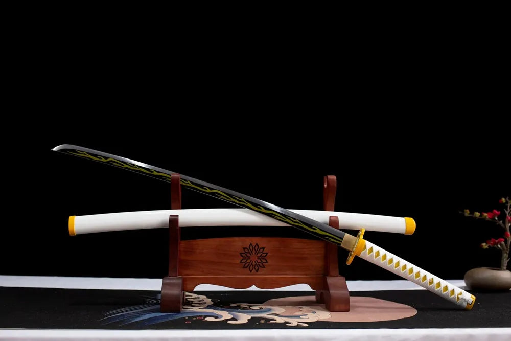 45‑angle open full‑size Agatsuma Zenitsu katana two‑layer wooden stand front view