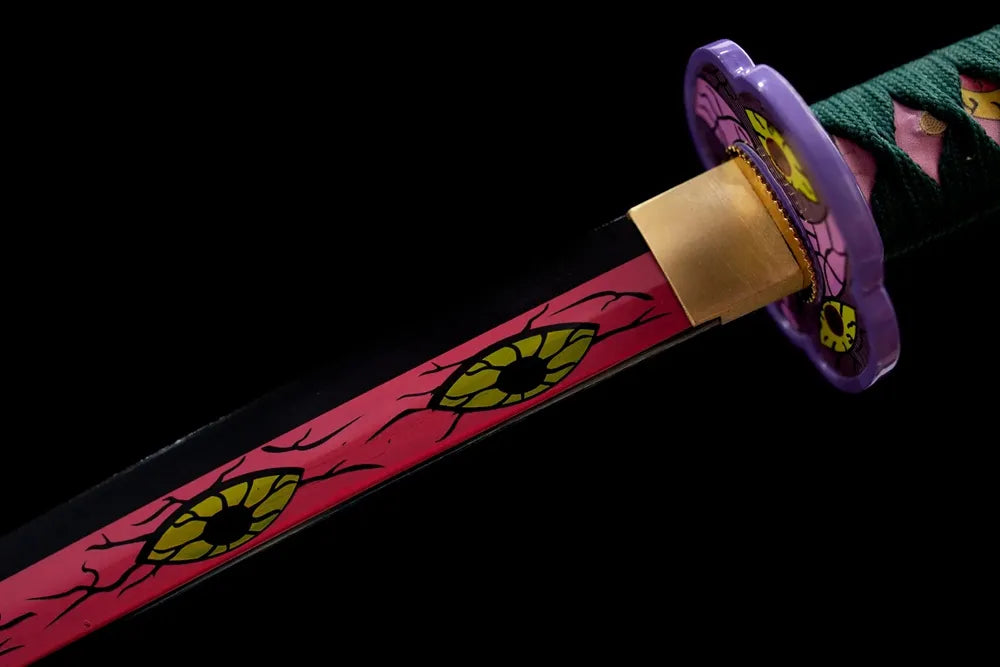 Upper demon‑eye‑art printed 1060 steel blade purple alloy habaki macro close‑up