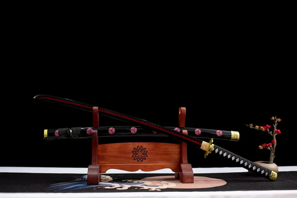 45 angle open full size Zoro Shusui black blade katana two layer wood stand