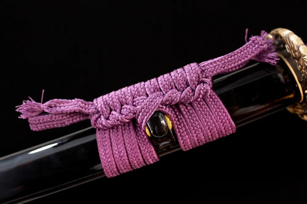 Thick royal‑purple braided sageo cord vintage‑gild fitting macro close‑up
