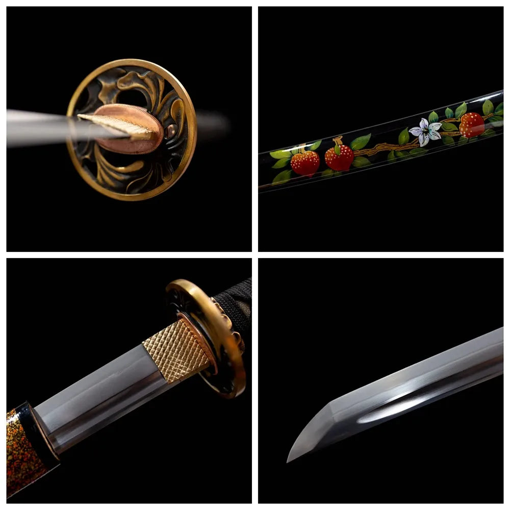 Four‑grid collage hollow sakura brass tsuba, pale‑pink‑white ito tsuka, pale‑pink‑gradient saya, sakura‑etched blade close‑up details