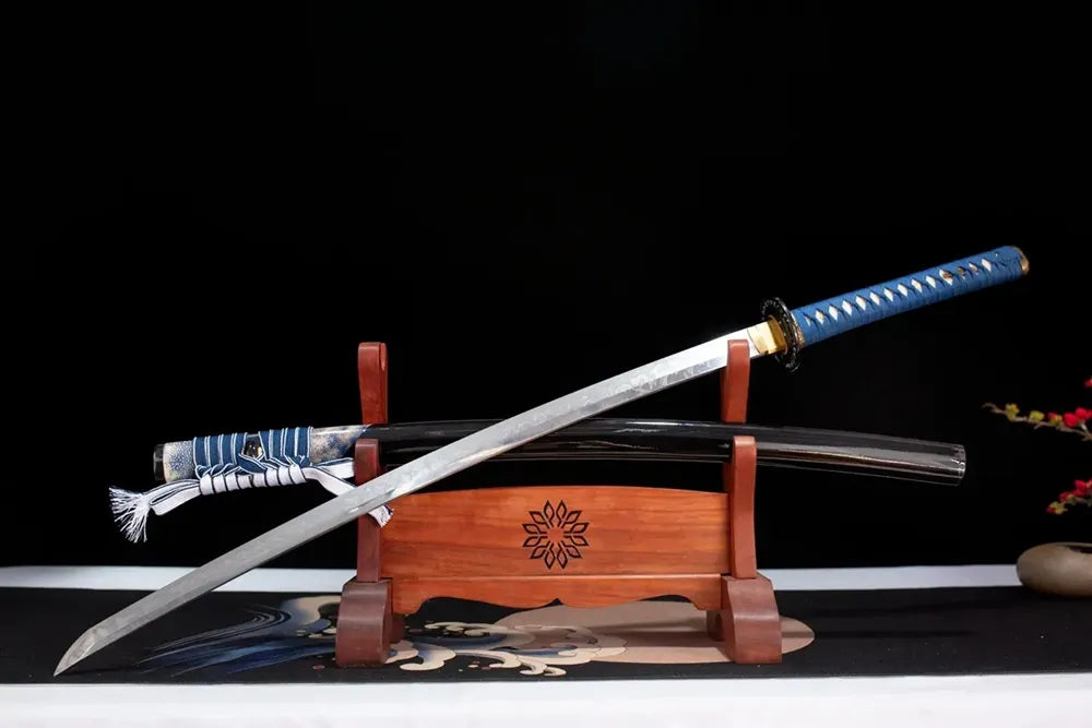 Slanted upright drawn Butterfly‑Dance‑Katana butterfly‑dance‑grace‑nature‑art katana multi‑layer wooden‑sword‑stand front perspective