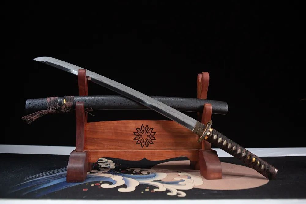 45 angle open full matte black wakizashi display
