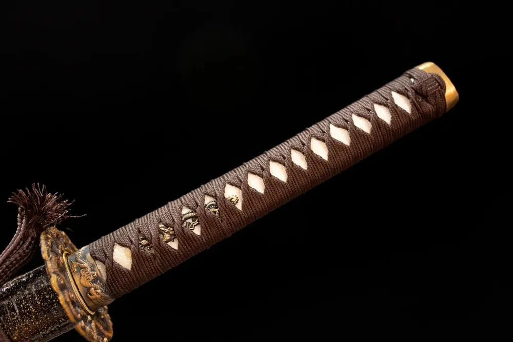 Full smoky‑grey‑black woven ito tsuka dark‑aged‑bronze ghost‑warrior‑specter‑samurai‑relic‑relief fittings complete front shot