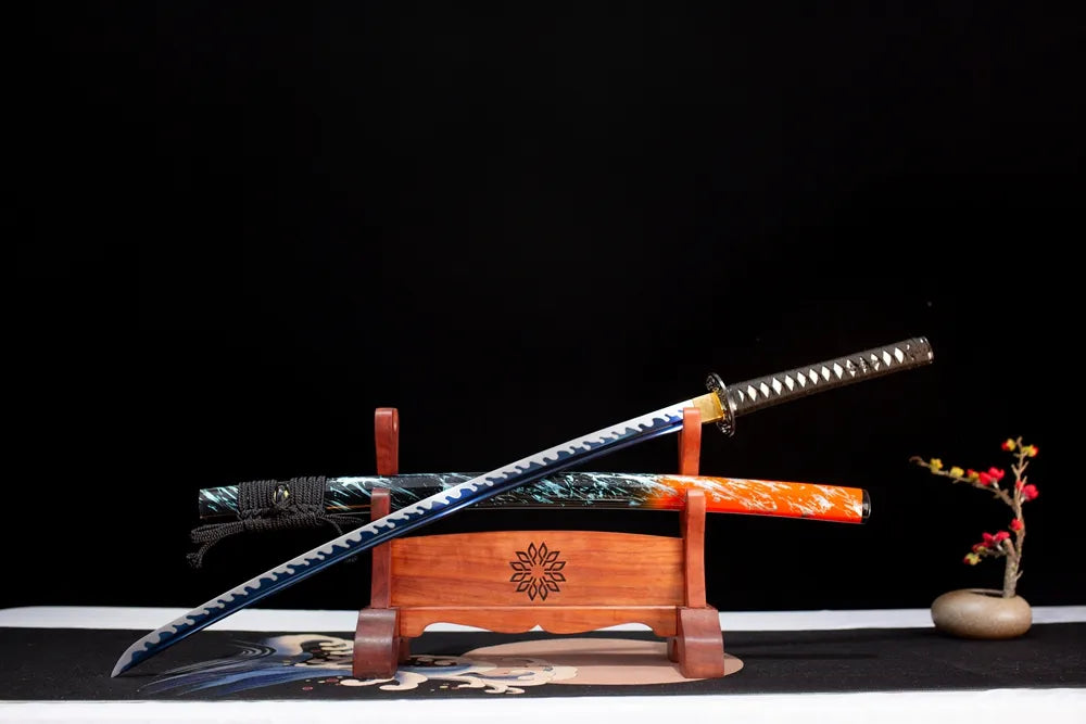 Slanted upright drawn Battle‑Frenzy‑Katana fiery‑combat‑aesthetic katana wooden shelf front perspective