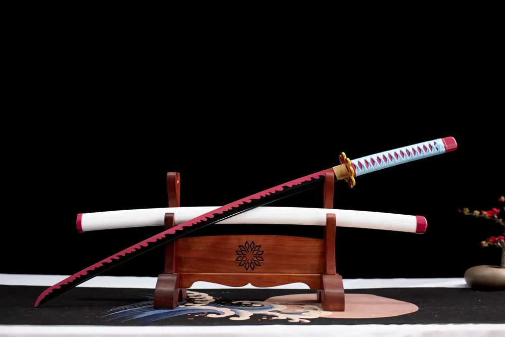 Slanted upright drawn Demon‑Slayer Kanroji Mitsuri nichirin sword wooden shelf front perspective