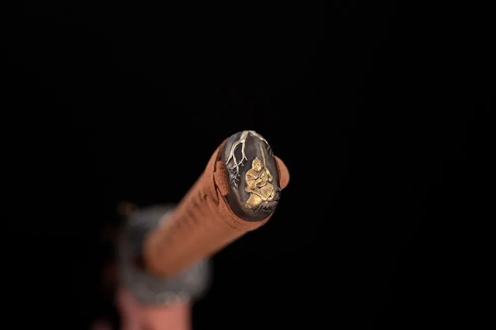 3D‑subtle‑sculpted hermit‑zen‑minimal aged‑copper pommel‑cap detail shot