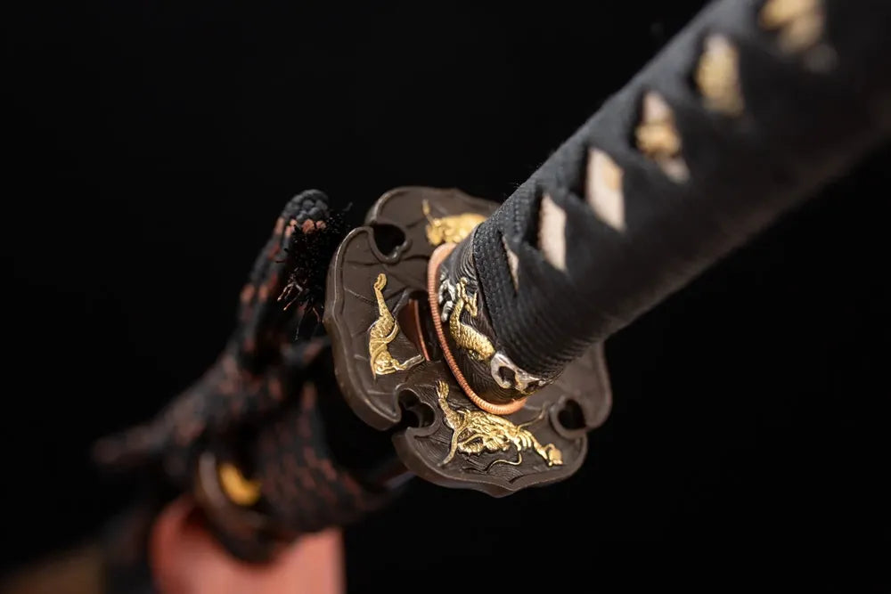 Reverse‑side nine‑heaven‑dragon‑cloud‑wave carving antique‑gilt bronze tsuba surface texture close‑up