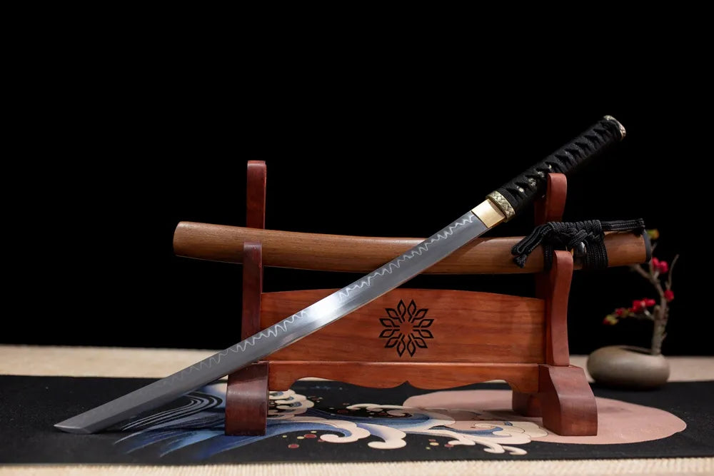 Slanted upright drawn Counterblade‑Katana combat‑theme reverse‑blade katana wooden shelf front perspective