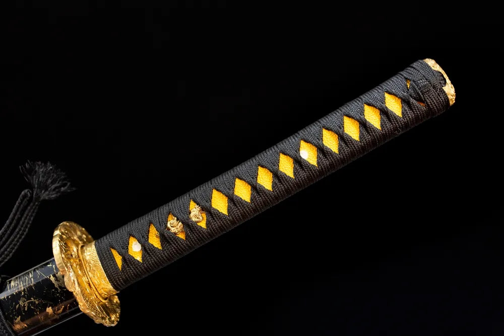 Full deep‑charcoal woven ito tsuka aged‑bronze raven‑cloud‑scroll‑relief fittings complete front shot