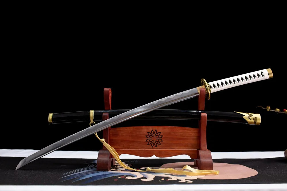 Slanted upright drawn Devil May Cry Yamato sword wooden display shelf front view
