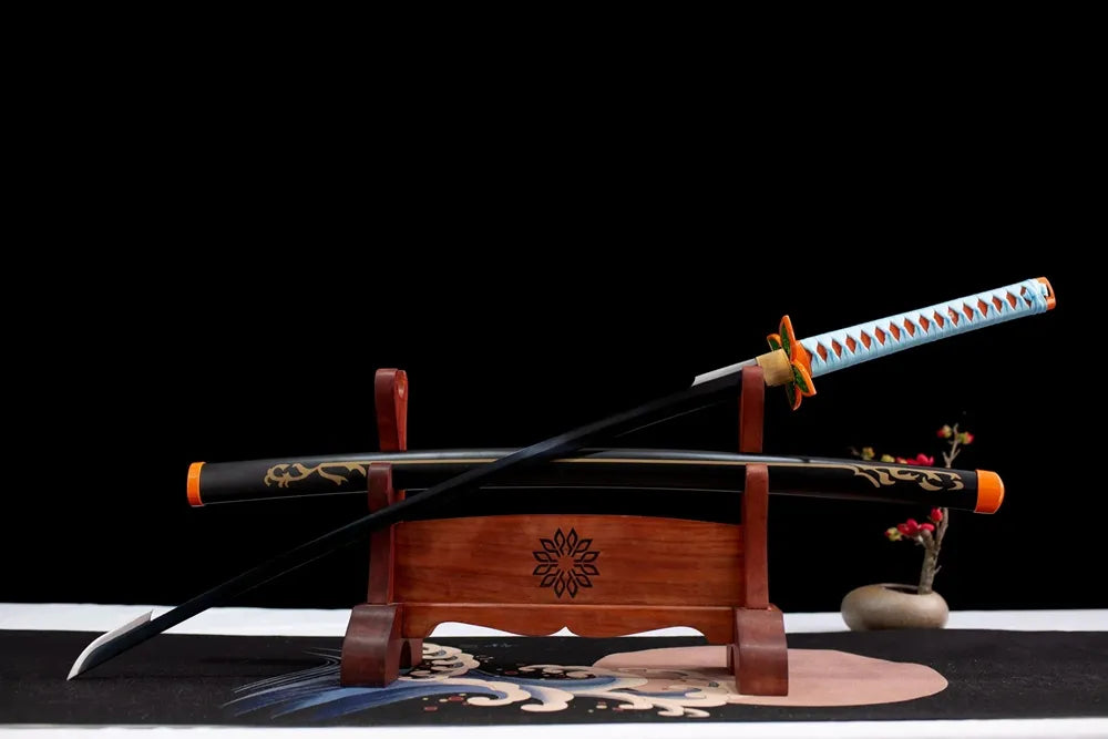 Slanted upright drawn Demon‑Slayer Kochou Shinobu nichirin sword wooden shelf front view