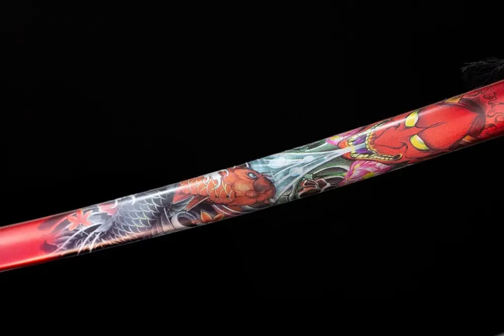 Mid‑section fiery‑red lacquer hardwood katana saya hannya‑demon‑koi‑carp graphic texture close‑up