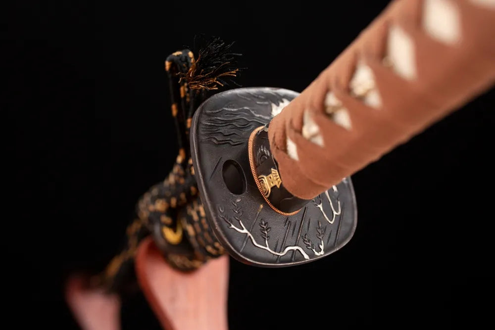 Reverse‑side faint‑vein‑scroll subtle carving aged‑copper tsuba surface texture close‑up