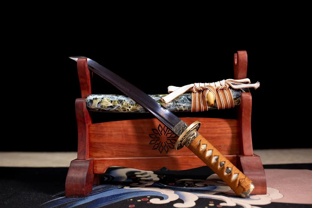 45‑angle open full‑size Agate‑Wakizashi agate‑art‑motif short samurai sword two‑layer wooden stand front view