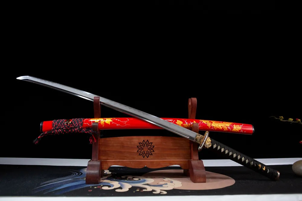 45 angle open full size autumn leaf themed katana