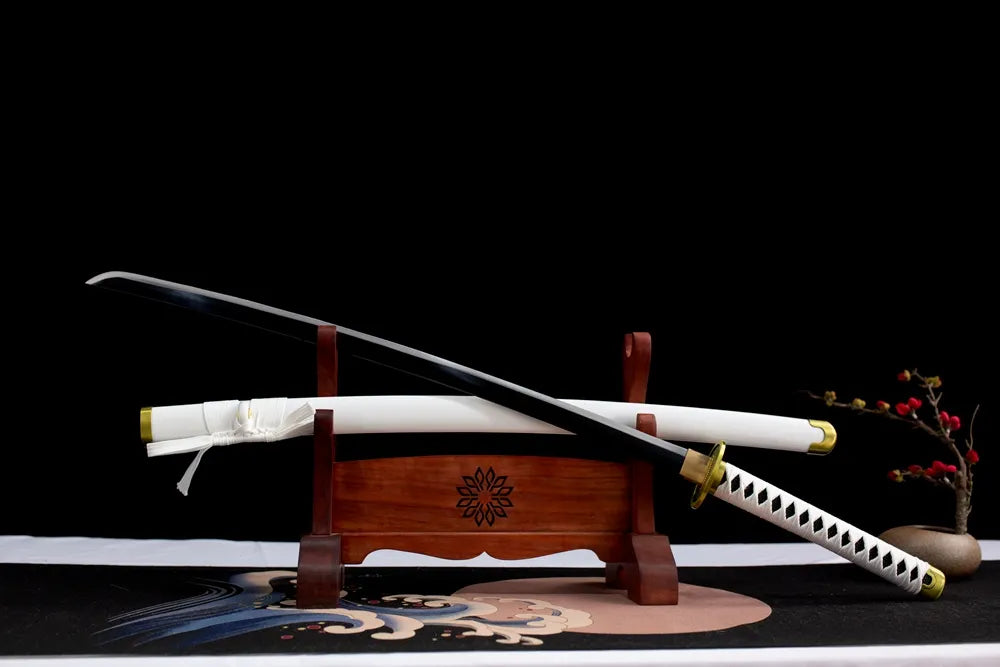 45‑angle open full‑size Zoro Wado Ichimonji katana two‑layer wood stand shot
