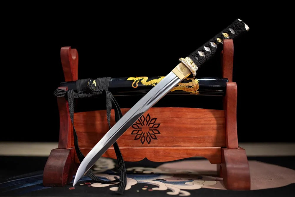 Slanted upright drawn Dragon‑Wakizashi golden‑dragon‑motif wakizashi wooden shelf front perspective