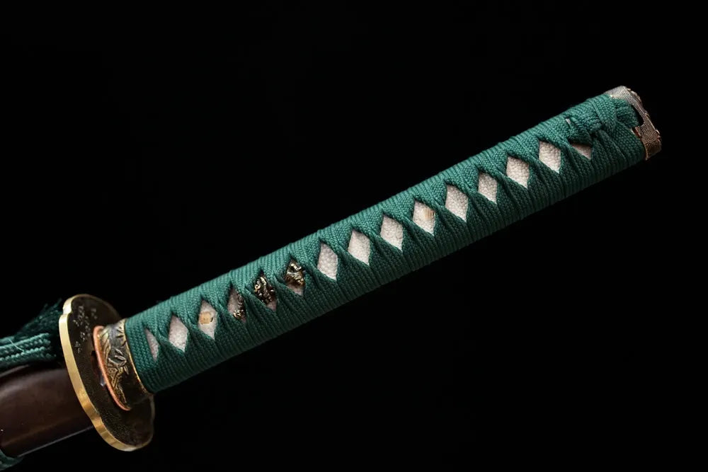 Full deep‑green woven ito tsuka vintage‑brass forest‑tiger‑floral‑relief fittings complete front shot