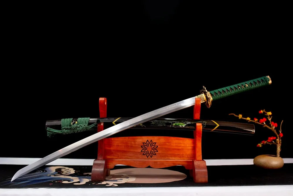 Slanted upright drawn Vibrant‑Grasshopper‑Katana wild‑nature‑creature‑art katana wooden shelf front perspective