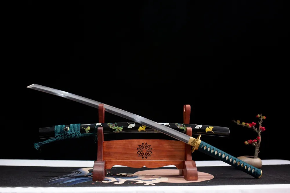 45‑angle open full‑size Ink‑Style‑Katana chinese ink‑wash art samurai katana two‑layer wooden stand front view