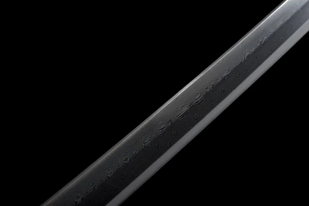 Mid‑section midare‑suguha shadow‑dragon‑flowing‑shifting‑pattern hamon steel katana blade surface close‑up shot