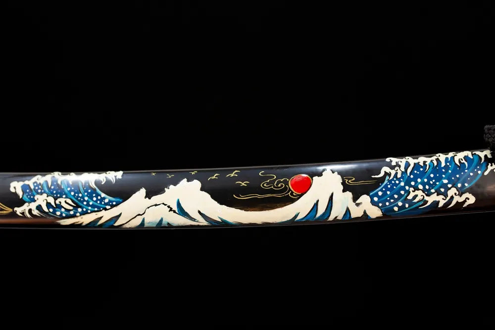 Mid‑section gloss‑black lacquer hardwood katana saya hand‑painted kanagawa‑great‑wave ukiyo‑e ocean‑art graphic texture close‑up
