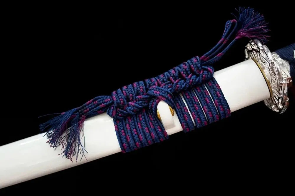Thick dark‑blue‑purple‑twisted braided sageo cord bright‑silver‑alloy fitting macro close‑up