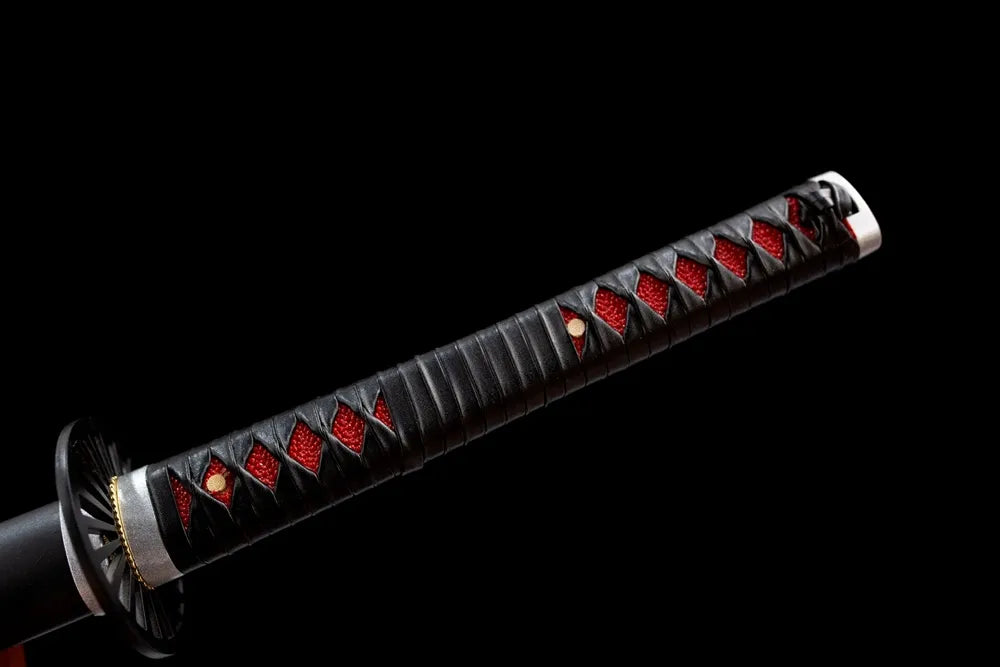 Complete front view of Tanjirou wrapped tsuka with themed alloy fittings