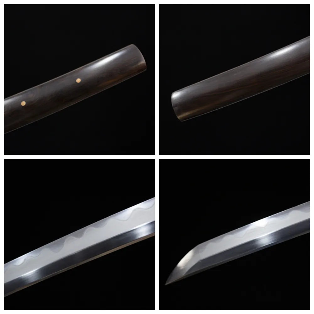Four‑grid collage textured vintage‑brass plain tsuba, jet‑black ito tsuka, high‑gloss solid‑black precious‑hardwood saya, irregular gunome hamon blade close‑up details