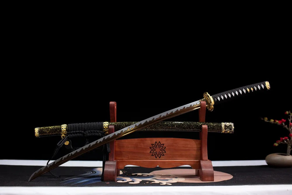 Slanted upright drawn Dragon‑Blade‑Tachi gilded‑dragon‑motif tachi wooden shelf front perspective